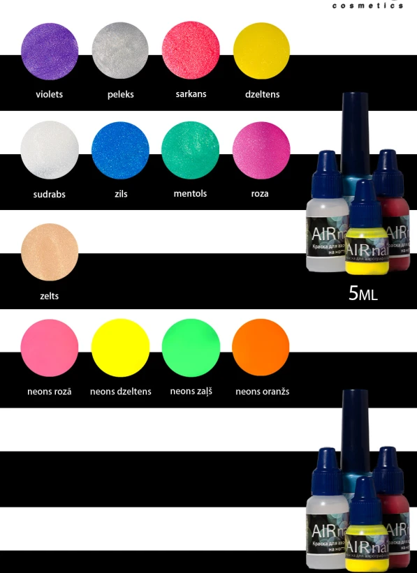 Daudzveidīgas krāsas aerogrāfijas mākslai, kas ļauj veidot košus, precīzus un radošus dizainus....
