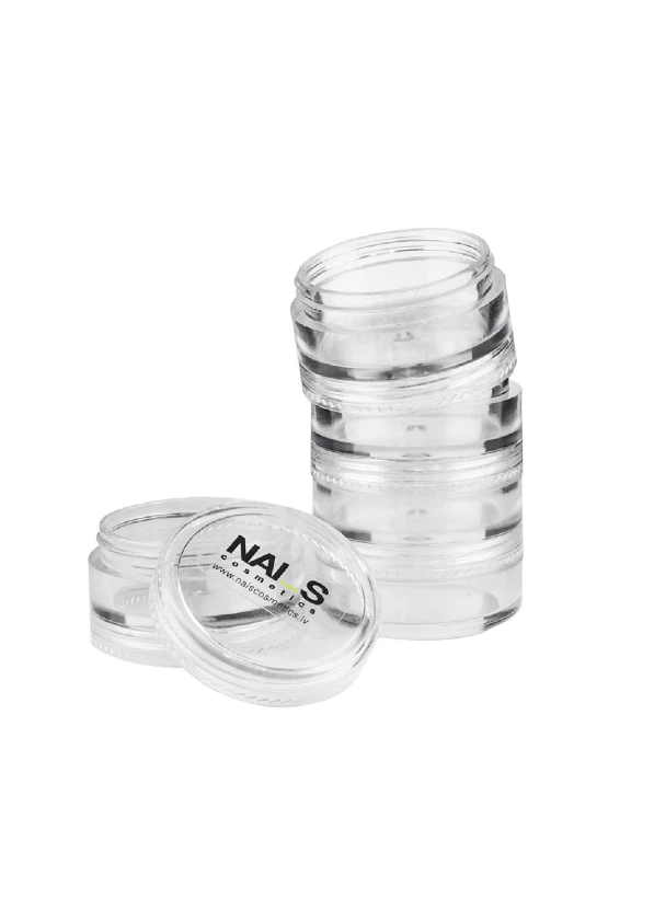 Transparent jars, 5x5 ml, suitable for convenient storage of nail art materials, decorations, glitter and other small accessories. The transparent material allows you to easily see the contents of the jars....