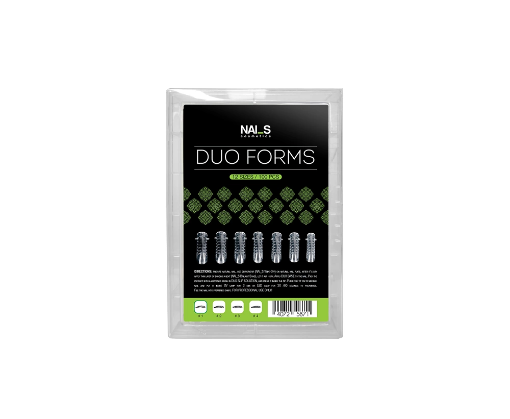 Reusable nail forms for easy nail sculpting using Acrygel DUO. The 
unique shape allows sculpting nails with parallel sides, as well 
as to create a C-curve on natural nails of any shape. 
Contains: 1...