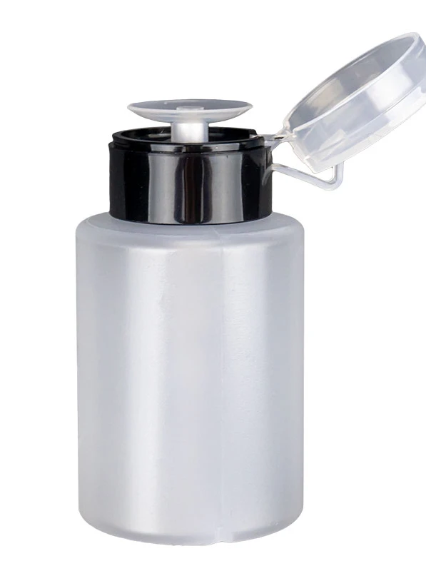 Dispenser bottle, 150 ml for convenient dispensing of various liquids during manicure and pedicure. Suitable, for example, for NAILS cosmetics Wipe Off Solution 3 in 1, Soak Off Gel Remover and other suitable liquids. How to use: fill the bottle with liquid, close it tightly and press a wipe onto the dispenser to moisten it....