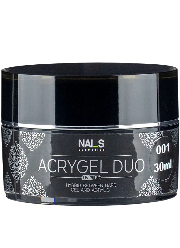 WHAT IS Acrygel DUO? And what problems does it solve?• Combines the properties of flexible acrygel, durable rubber gel, and Quick gel • Easy to use and control; it doesn’t flow into the cuticle area • Allows shaping a nail without filing • Reduces nail sculpting time by half • Prevents the possibility of air pockets and gel lifting from the free edge• Perfect for working with thin, brittle nails • Perfect for sculpting problematic nails, e.g., trapezoidal nails, etc. • Has acrylic-like hardness ...