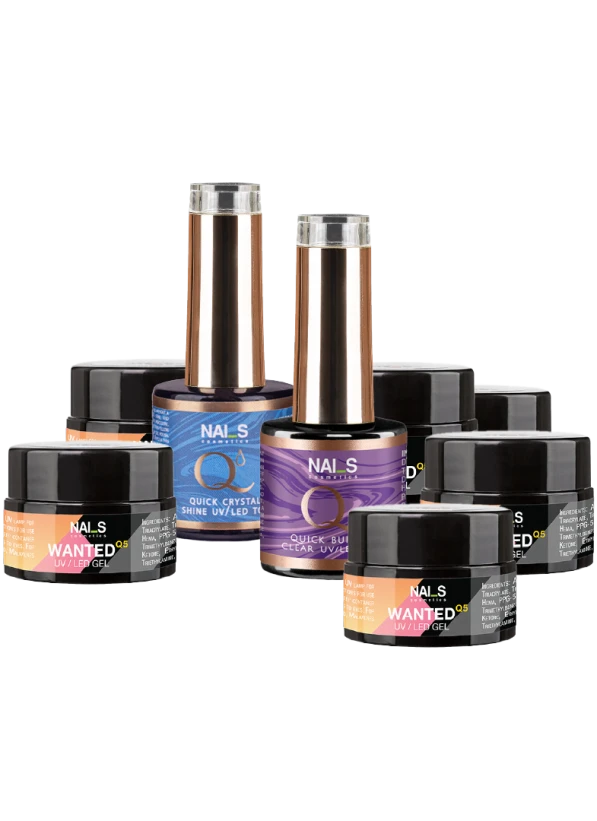The Wanted gel starter kit includes:&nbsp;- Quick Builder CLEAR UV/LED base/gel, 8 ml; - Quick Crystal Shine UV/LED no-wipe top, 8 ml; - 6 WANTED Q5 UV/LED Builder Gels, 5 ml: - Mood, - Nude Sparkle, - Pastel Porcelan, - Caramel, - Milky Way, - Bubble Gum.The Wanted gel NEW COLLECTION kit includes:&nbsp;WANTED Q5 UV/LED Builder Gels, 5 ml: Seashell, Elegant Frost, Rose Water, Cherry Blossom...