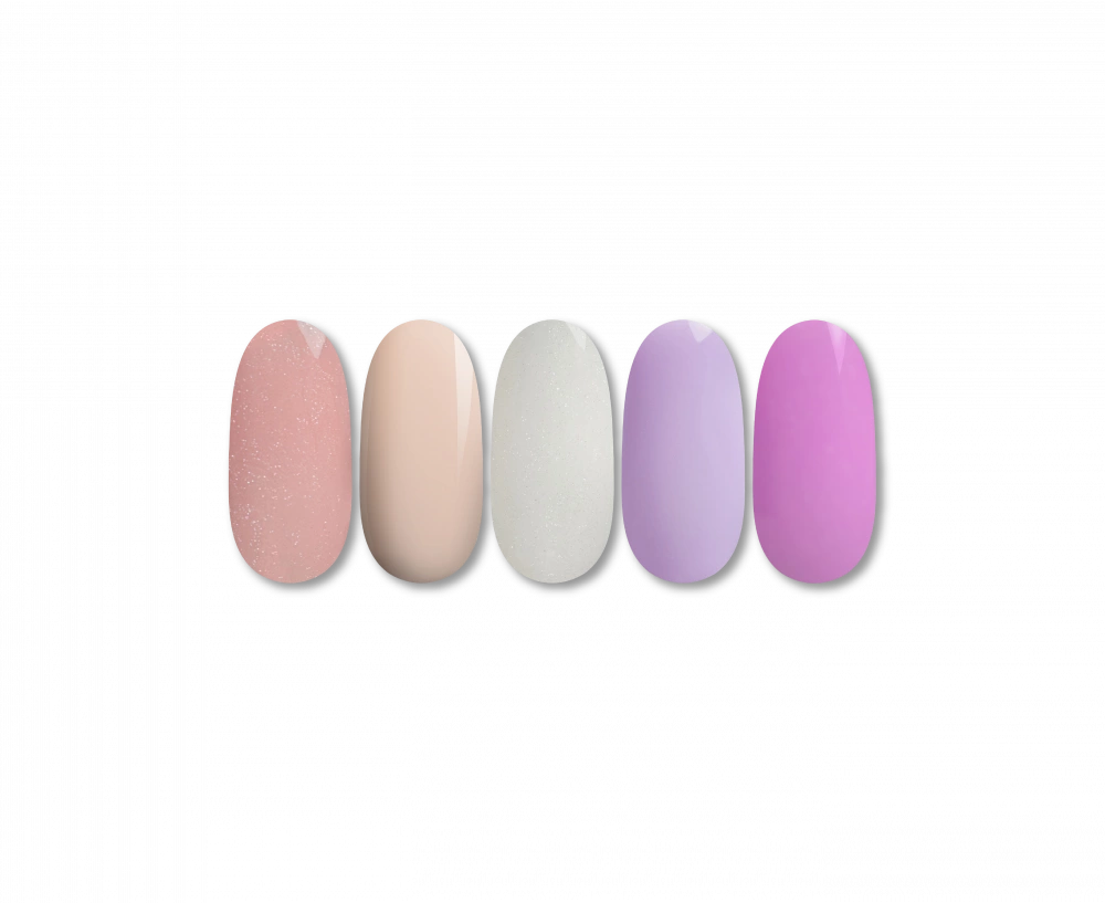 Komplektā ietilpst populārākie 5 toņi x 8ml Quick builder Cover base UV/LED bāze / gels:
-Sweet Dream,
-Pink Peony,
-May Lilac,
-Milkshake with Shimme...