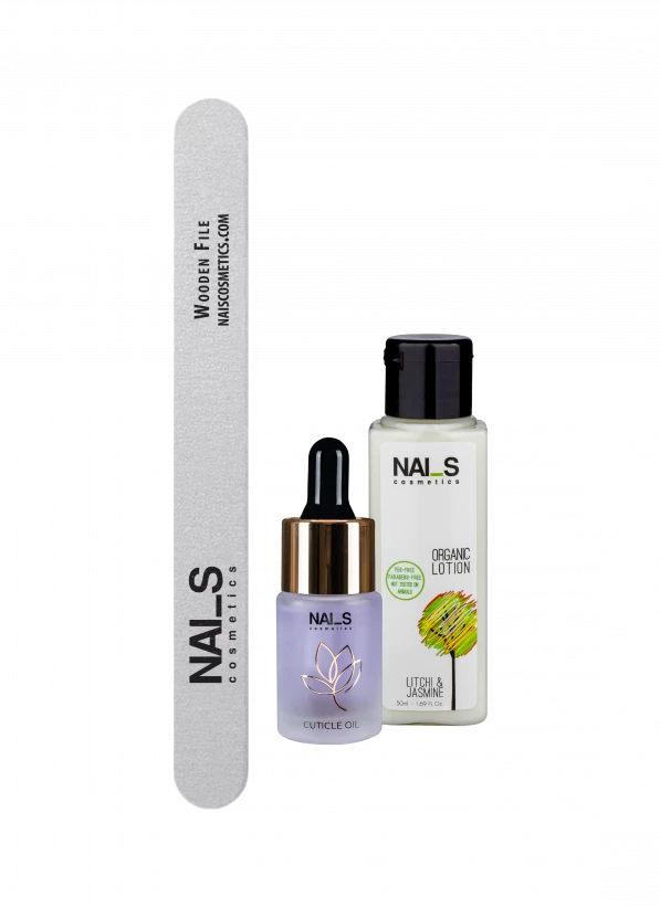 Komplektā ietilst:- Organic Lotion Lithi&Jasmine 50 ml;- Melleņu Kutikulu eļļa 15 ml;- Wooden File vīle 180/ 240 griti...