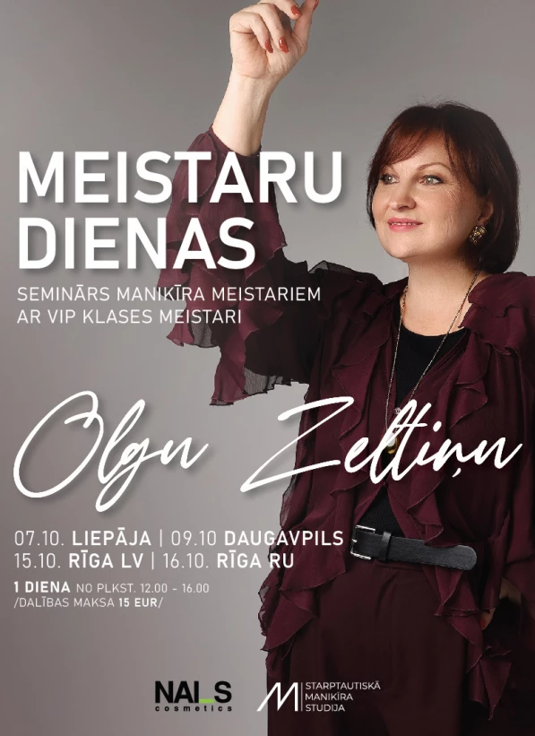 ✨ Meistaru dienas ar Olgu Zeltiņu 2025 ✨🍂 RUDENS / Seminārs manikīra meistariem 🍂📍 Liepāja – 7. okt.📍 Daugavpils – 9. okt.📍 Rīga – 15. okt. (LV), 16. okt. (RU)💳 Dalības maksa: 15 EUR📚 Programma:🕛 12.00 – 13.30⭐ 2 in 1 tehnika – ātrs, vienkāršs veids ombre tehnikai⭐ 2 in 1 tehnika – pieaudzēšana ar augšējām formām Ombre tehnikā⭐ Profilakse, izmantojot Ombre pāreju⭐ Mix tehnika geliem – kā un kur to izmantot?☕ 13.30 – 14.00 – Pārtraukums🕑 14.00 – 15.00🌟 Dizaina rudens/ziemas trendi 2025🌟 Aktuālais...