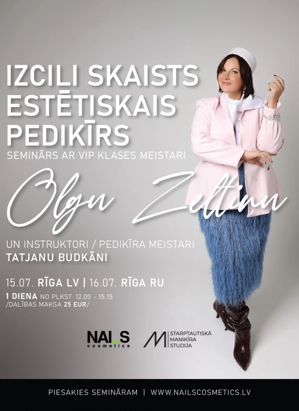 Izcili skaists estētiskais pedikīrsSeminārs ar VIP klases meistari Olgu Zeltiņuun instruktori / pedikīra meistari Tatjanu Budkāni📍 15.07. Rīga (LV)📍 16.07. Rīga (RU)📌 Birznieka Upīša iela 20A, RīgaSEMINĀRA PROGRAMMA12:00–13:00 | UZGAĻI &amp; PROBLĒMU NOTEIKŠANAKādus uzgaļus izvēlēties aparāta pedikīrā?Kā atpazīt problēmu un virzīt klientu pie podologa?Ko darīt preventīvi, lai izvairītos no ieaugušiem nagiem?Kā cīnīties ar sausiem papēžiem un tulznām?13:00–13:30 | PĀRTRAUKUMS13:30–14:30 | PEDIKĪR...